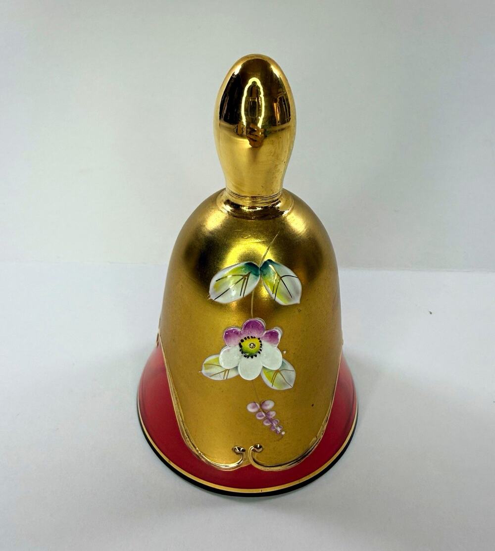 Vintage Ruby & Gold Art Glass Bell Hand Painted Enamel Flowers Crystal Clapper